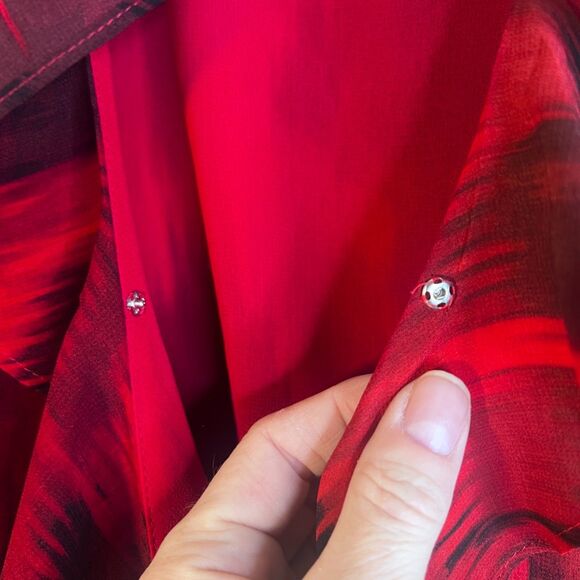 Calvin Klein Abstract Red Ruffle Vneck Peplum Waist Blouse Dressy Bold Size LG - Picture 6 of 10